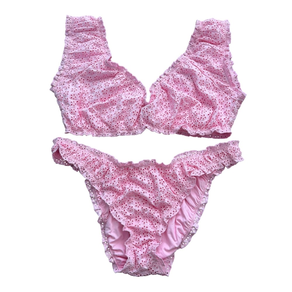 PINK Victoria's Secret x Frankies Bikinis Eyelet Ruffle Bikini Set Pink XL NWT